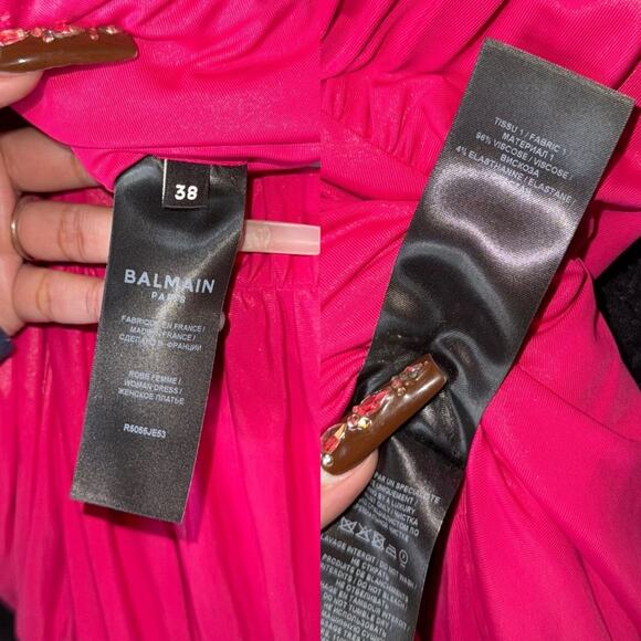 Balmain Fuchsia Ruched Mini Dress Metallic Shine V-Neck Pointed Shoulder - Picture 16 of 16